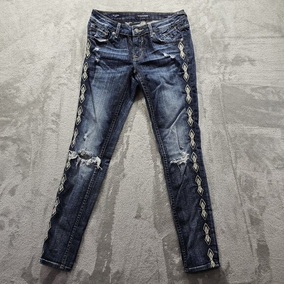 Vigoss Jagger Skinny Jeans Women's Size 26x31 Blue Denim Embroidered Distressed - Picture 1 of 14